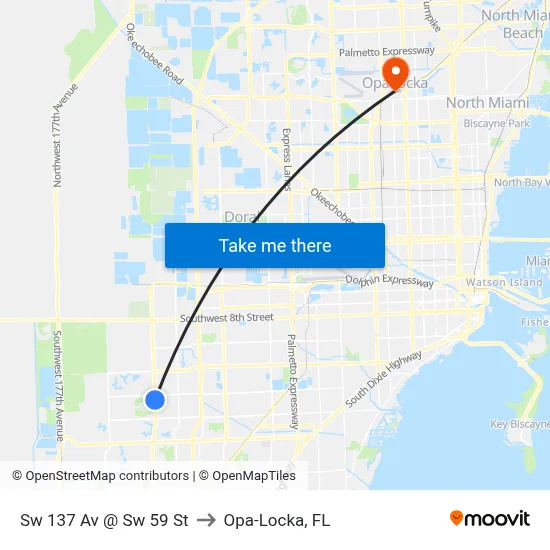 Sw 137 Av @ Sw 59 St to Opa-Locka, FL map