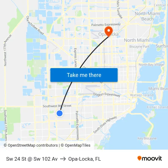 Sw 24 St @ Sw 102 Av to Opa-Locka, FL map