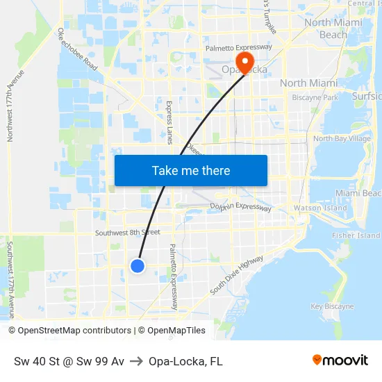 Sw 40 St @ Sw 99 Av to Opa-Locka, FL map