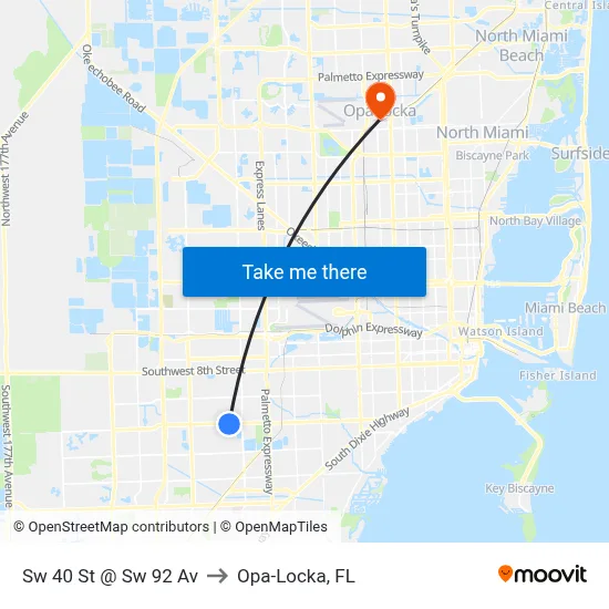 Sw 40 St @ Sw 92 Av to Opa-Locka, FL map