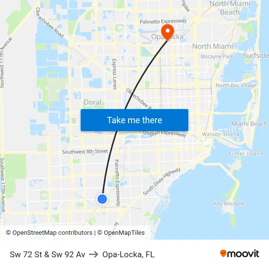 Sw 72 St & Sw 92 Av to Opa-Locka, FL map