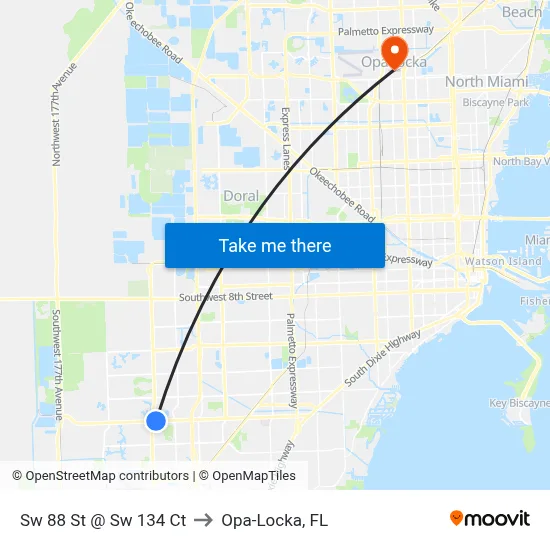 Sw 88 St @ Sw 134 Ct to Opa-Locka, FL map