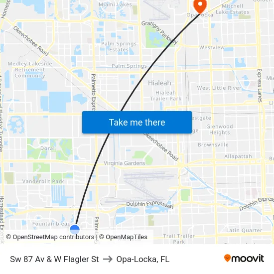 Sw 87 Av & W Flagler St to Opa-Locka, FL map