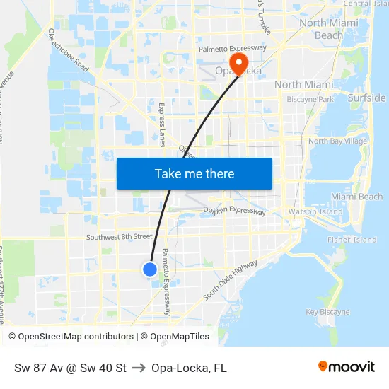 Sw 87 Av @ Sw 40 St to Opa-Locka, FL map