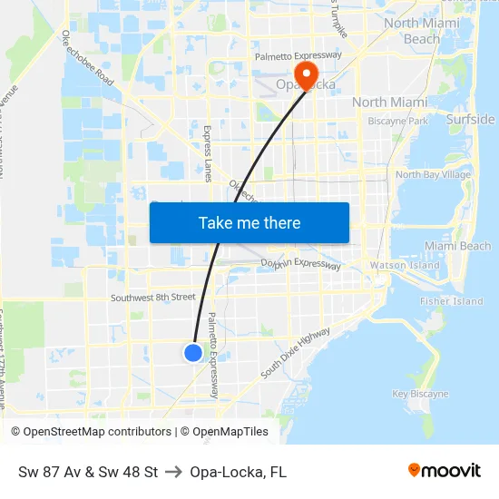 Sw 87 Av & Sw 48 St to Opa-Locka, FL map