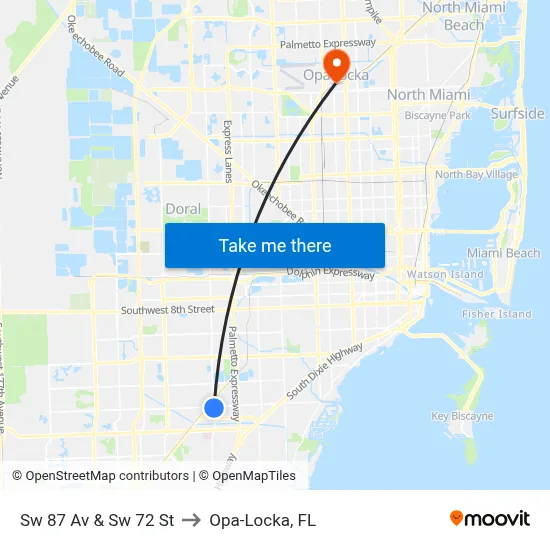 Sw 87 Av & Sw 72 St to Opa-Locka, FL map