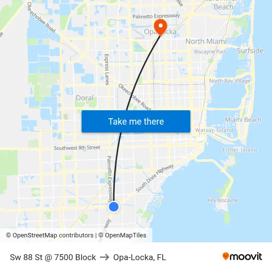 Sw 88 St @ 7500 Block to Opa-Locka, FL map
