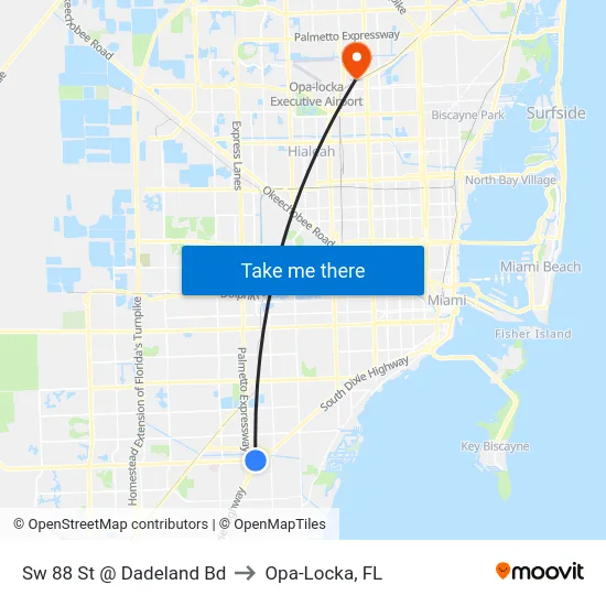 Sw 88 St @ Dadeland Bd to Opa-Locka, FL map