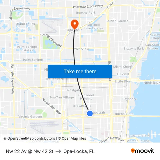 Nw 22 Av @ Nw 42 St to Opa-Locka, FL map