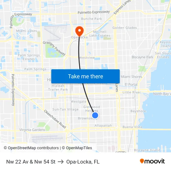 Nw 22 Av & Nw 54 St to Opa-Locka, FL map