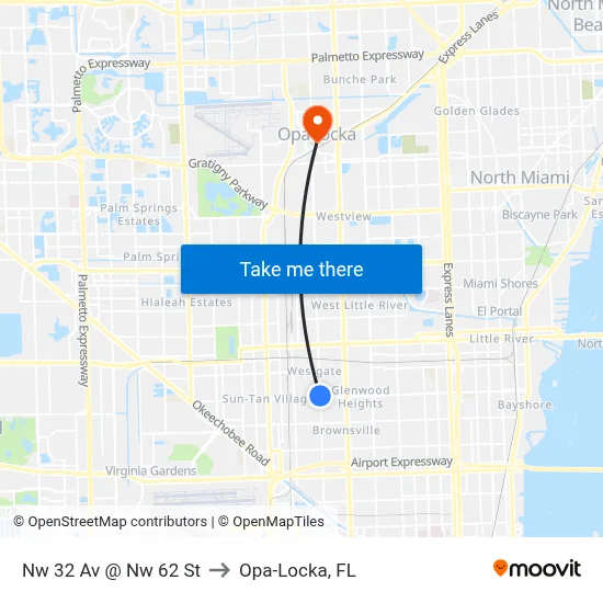 Nw 32 Av @ Nw 62 St to Opa-Locka, FL map