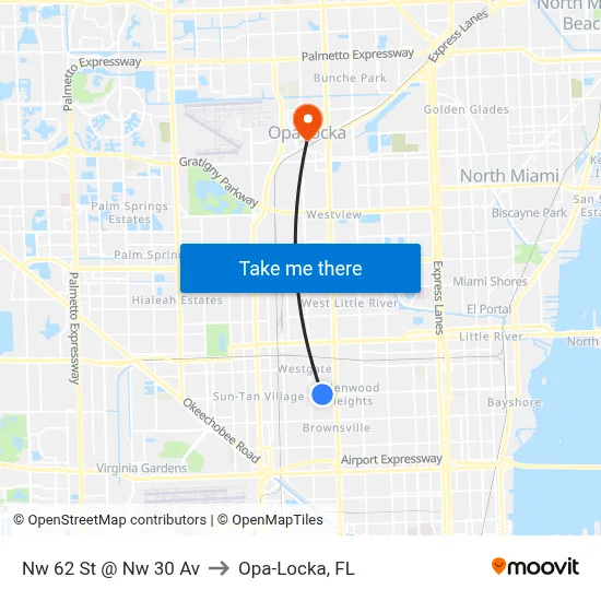 Nw 62 St @ Nw 30 Av to Opa-Locka, FL map