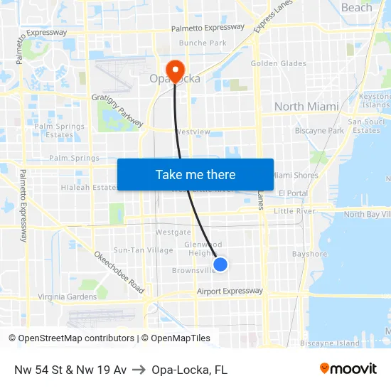 Nw 54 St & Nw 19 Av to Opa-Locka, FL map