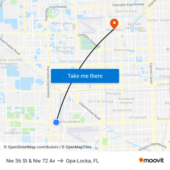 Nw 36 St & Nw 72 Av to Opa-Locka, FL map