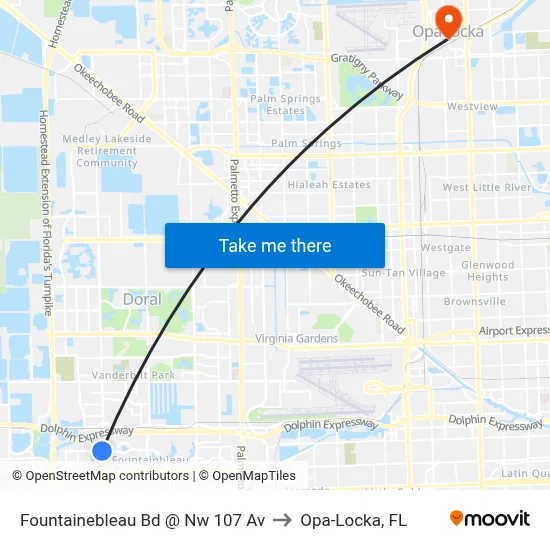Fountainebleau Bd @ Nw 107 Av to Opa-Locka, FL map