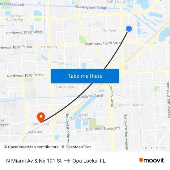 N Miami Av & Ne 191 St to Opa-Locka, FL map