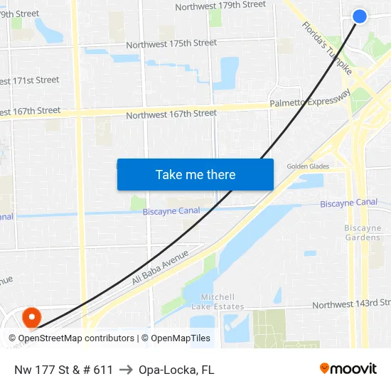 Nw 177 St & # 611 to Opa-Locka, FL map