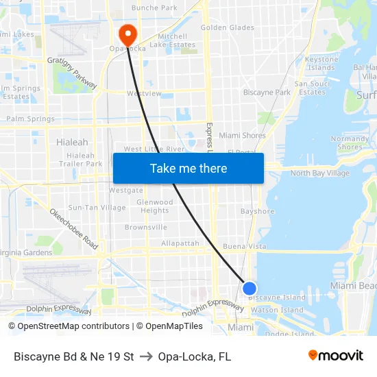 Biscayne Bd & Ne 19 St to Opa-Locka, FL map