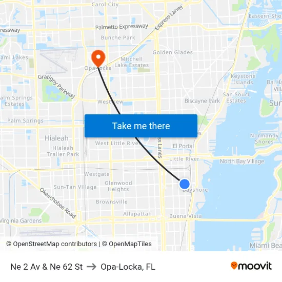 Ne 2 Av & Ne 62 St to Opa-Locka, FL map