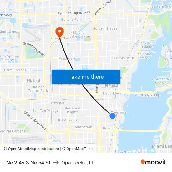 Ne 2 Av & Ne 54 St to Opa-Locka, FL map