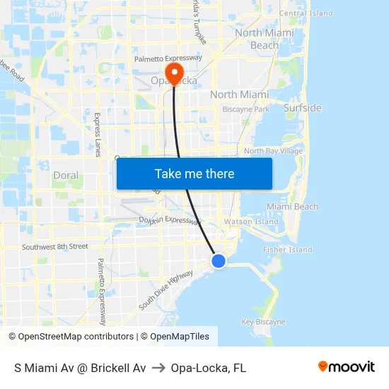 S Miami Av @ Brickell Av to Opa-Locka, FL map