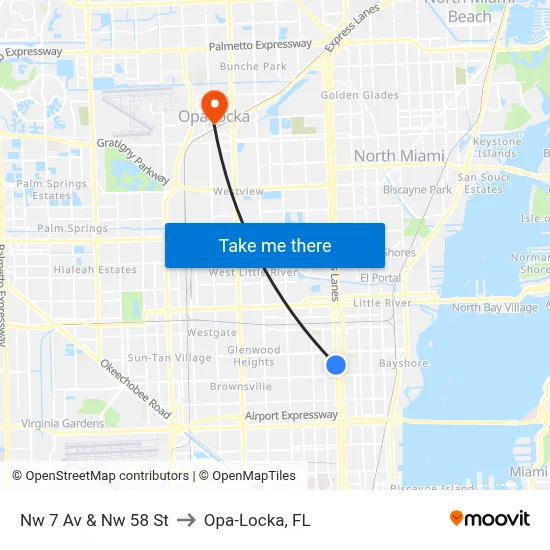 Nw 7 Av & Nw 58 St to Opa-Locka, FL map