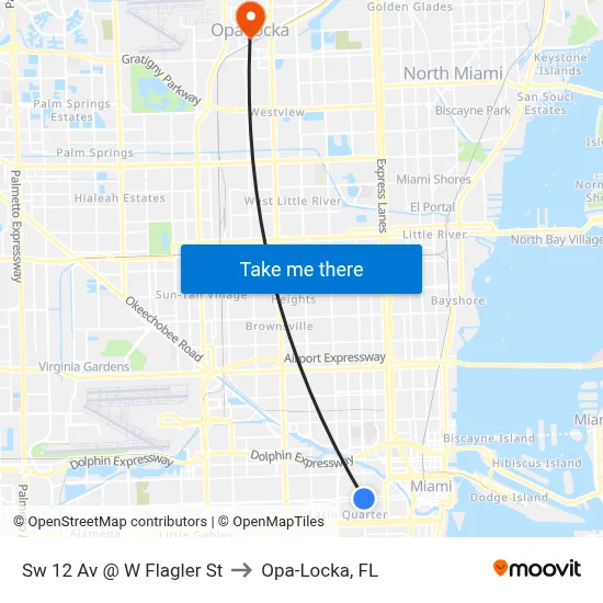 Sw 12 Av @ W Flagler St to Opa-Locka, FL map