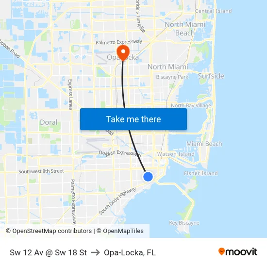 Sw 12 Av @ Sw 18 St to Opa-Locka, FL map