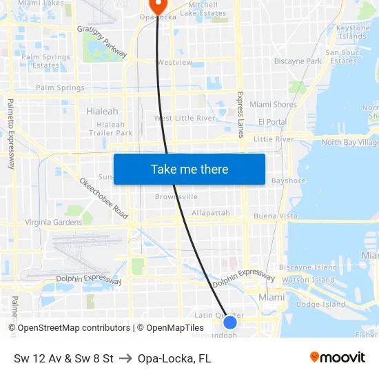 Sw 12 Av & Sw 8 St to Opa-Locka, FL map