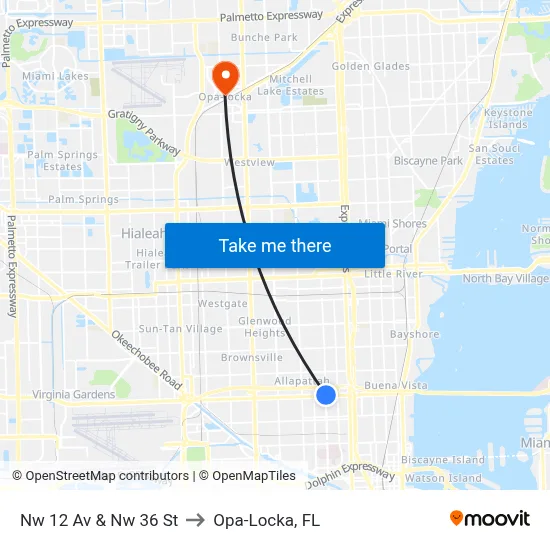 Nw 12 Av & Nw 36 St to Opa-Locka, FL map