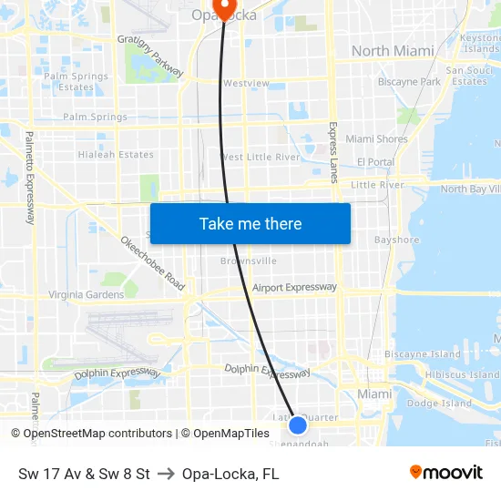 Sw 17 Av & Sw 8 St to Opa-Locka, FL map