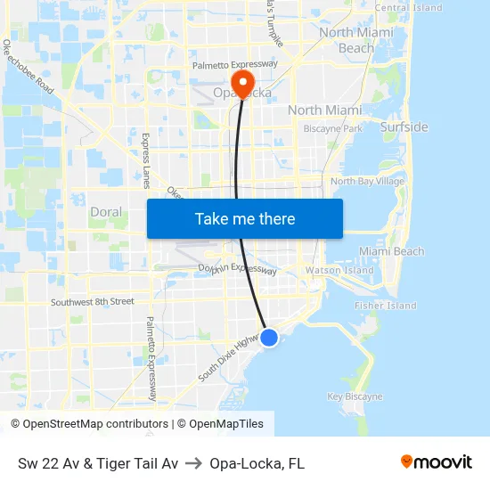 Sw 22 Av & Tiger Tail Av to Opa-Locka, FL map