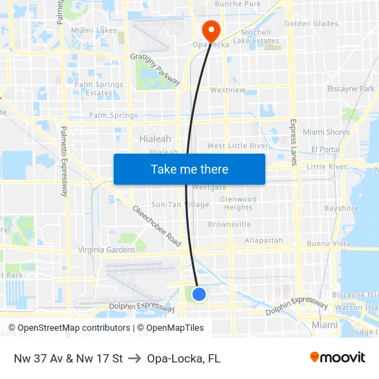 Nw 37 Av & Nw 17 St to Opa-Locka, FL map