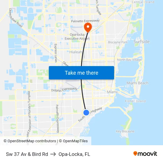 Sw 37 Av & Bird Rd to Opa-Locka, FL map