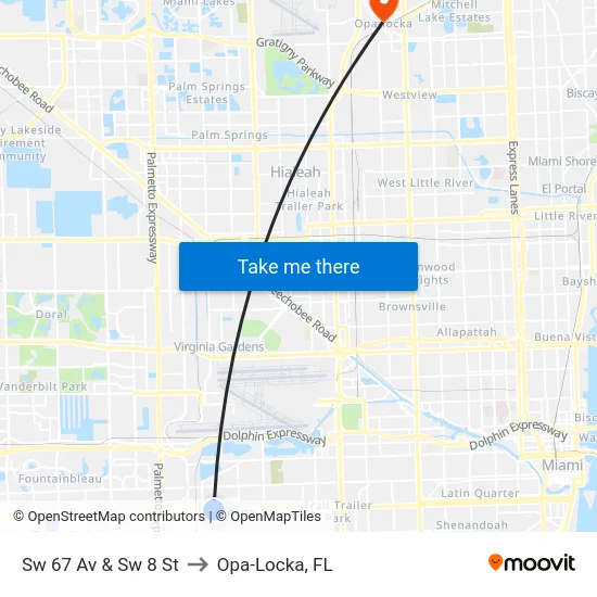 Sw 67 Av & Sw 8 St to Opa-Locka, FL map