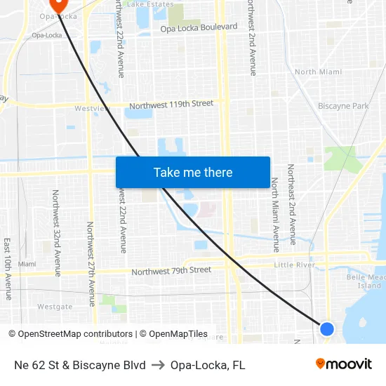 Ne 62 St & Biscayne Blvd to Opa-Locka, FL map