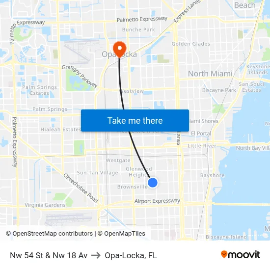 Nw 54 St & Nw 18 Av to Opa-Locka, FL map
