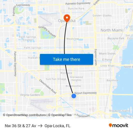 Nw 36 St & 27 Av to Opa-Locka, FL map