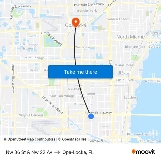 Nw 36 St & Nw 22 Av to Opa-Locka, FL map