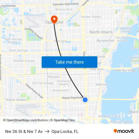 Nw 36 St & Nw 7 Av to Opa-Locka, FL map