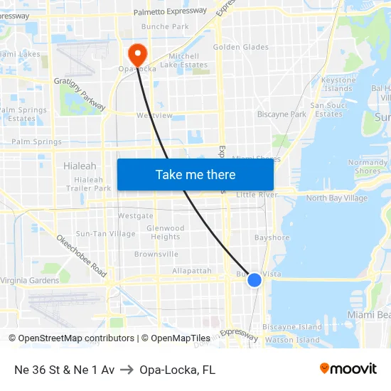 Ne 36 St & Ne 1 Av to Opa-Locka, FL map