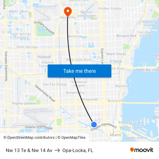 Nw 13 Te & Nw 14 Av to Opa-Locka, FL map