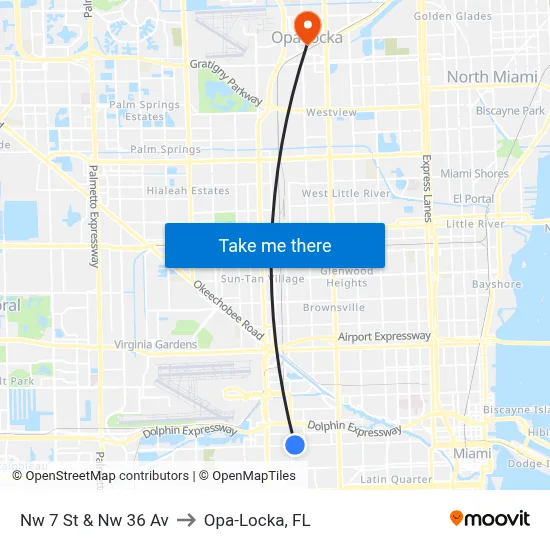 Nw 7 St & Nw 36 Av to Opa-Locka, FL map