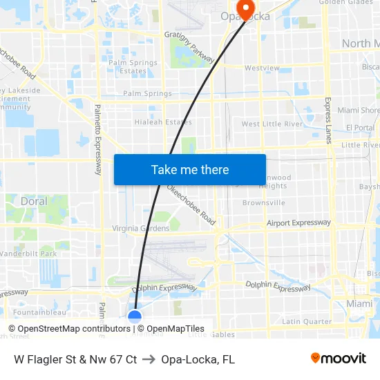 W Flagler St & Nw 67 Ct to Opa-Locka, FL map