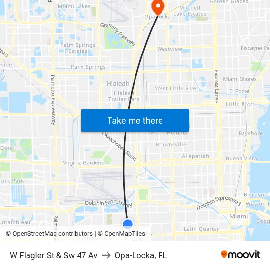W Flagler St & Sw 47 Av to Opa-Locka, FL map
