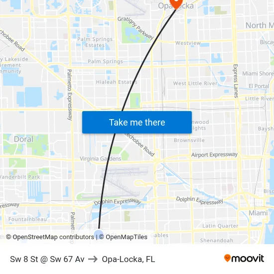 Sw 8 St @ Sw 67 Av to Opa-Locka, FL map