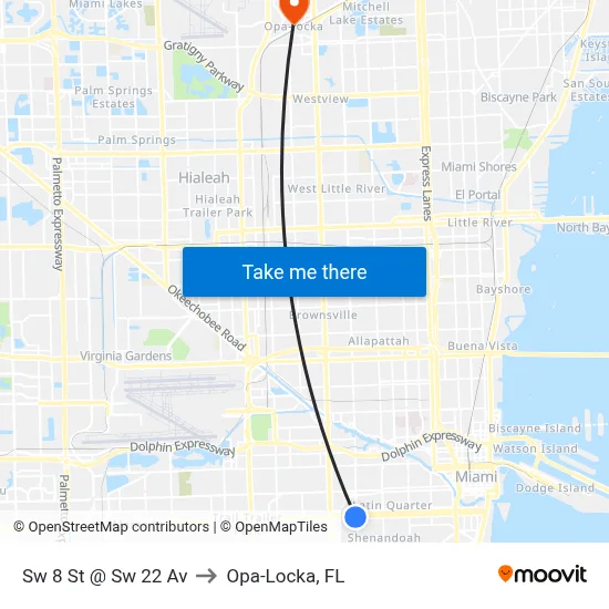 Sw 8 St @ Sw 22 Av to Opa-Locka, FL map