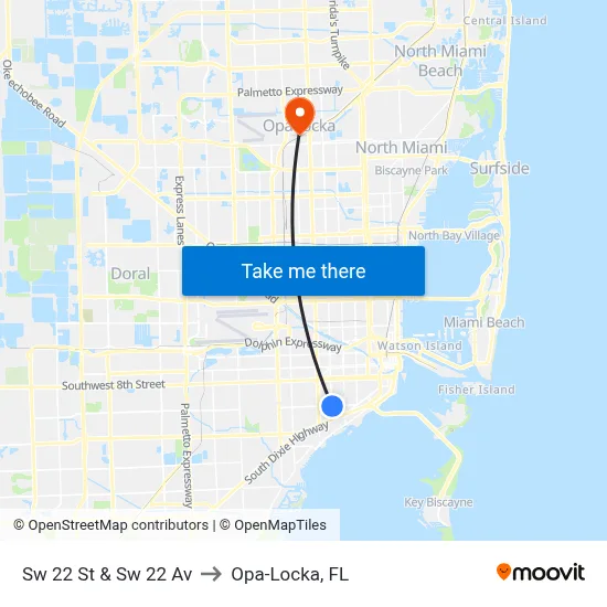 Sw 22 St & Sw 22 Av to Opa-Locka, FL map
