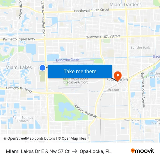 Miami Lakes Dr E & Nw 57 Ct to Opa-Locka, FL map