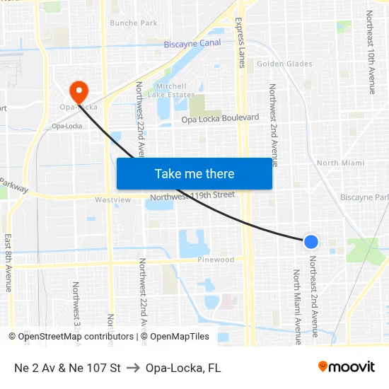 Ne 2 Av & Ne 107 St to Opa-Locka, FL map